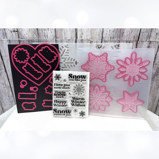 PInk & Main SNOWFLAKE SAYINGS KIT Rubber Stamps Dies Stencil Embossing Folder