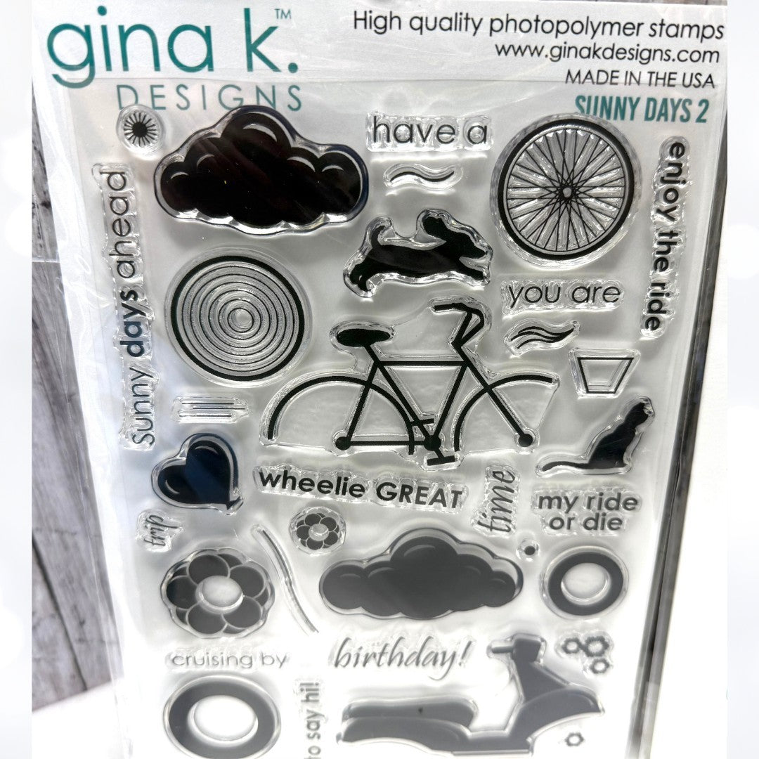 Gina K Designs SUNNY DAYS 2 Bicycle Scooter Cat Dog 6x8 Rubber Stamps Dies