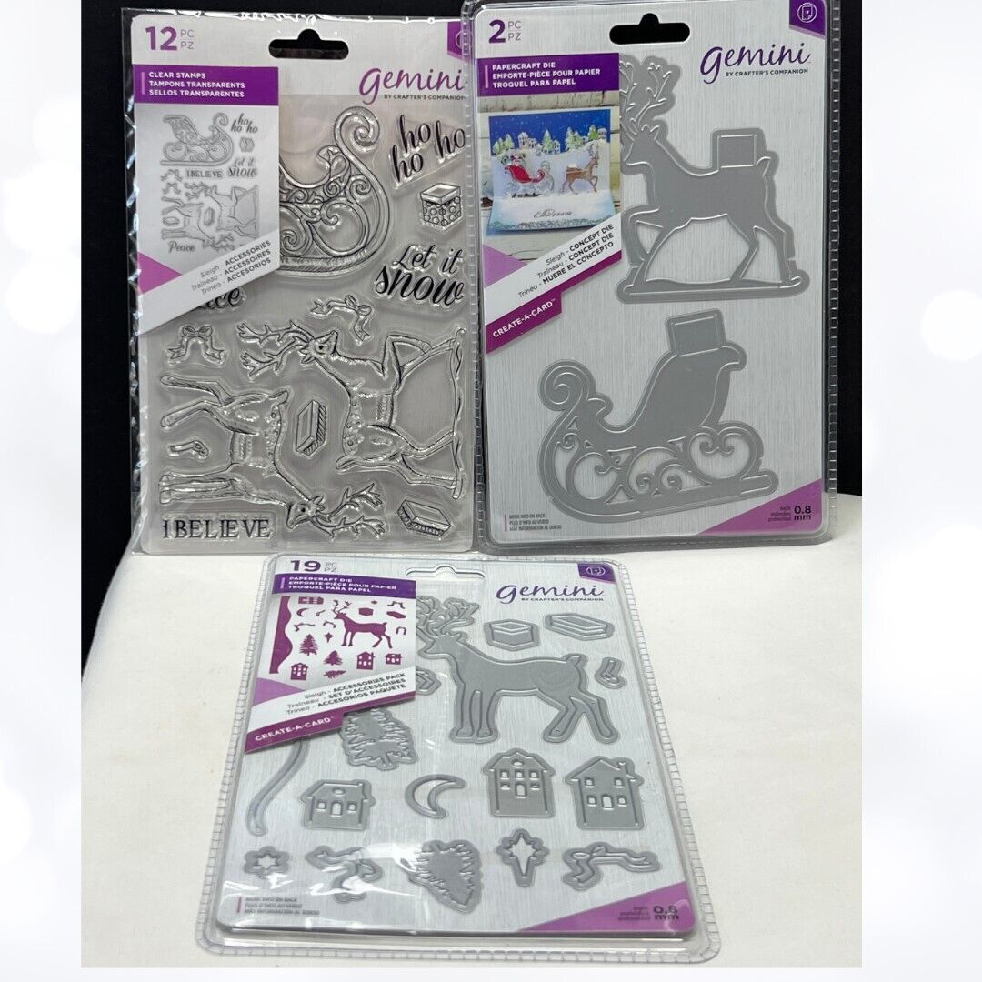 Gemini SLEIGH Christmas Reindeer Rubber Stamps Accessories Dies Lot