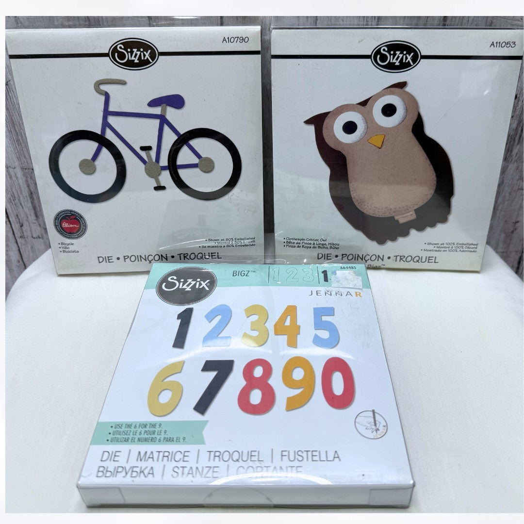 Sizzix NUMERACY Bicycle Owl Bike Alphabet Bigz Dies Lot of 3