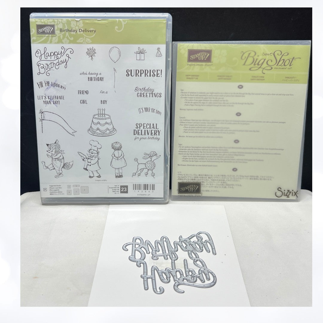 Stampin Up BIRTHDAY DELIVERY Happy Birthday Thinlits Die Rubber Stamps