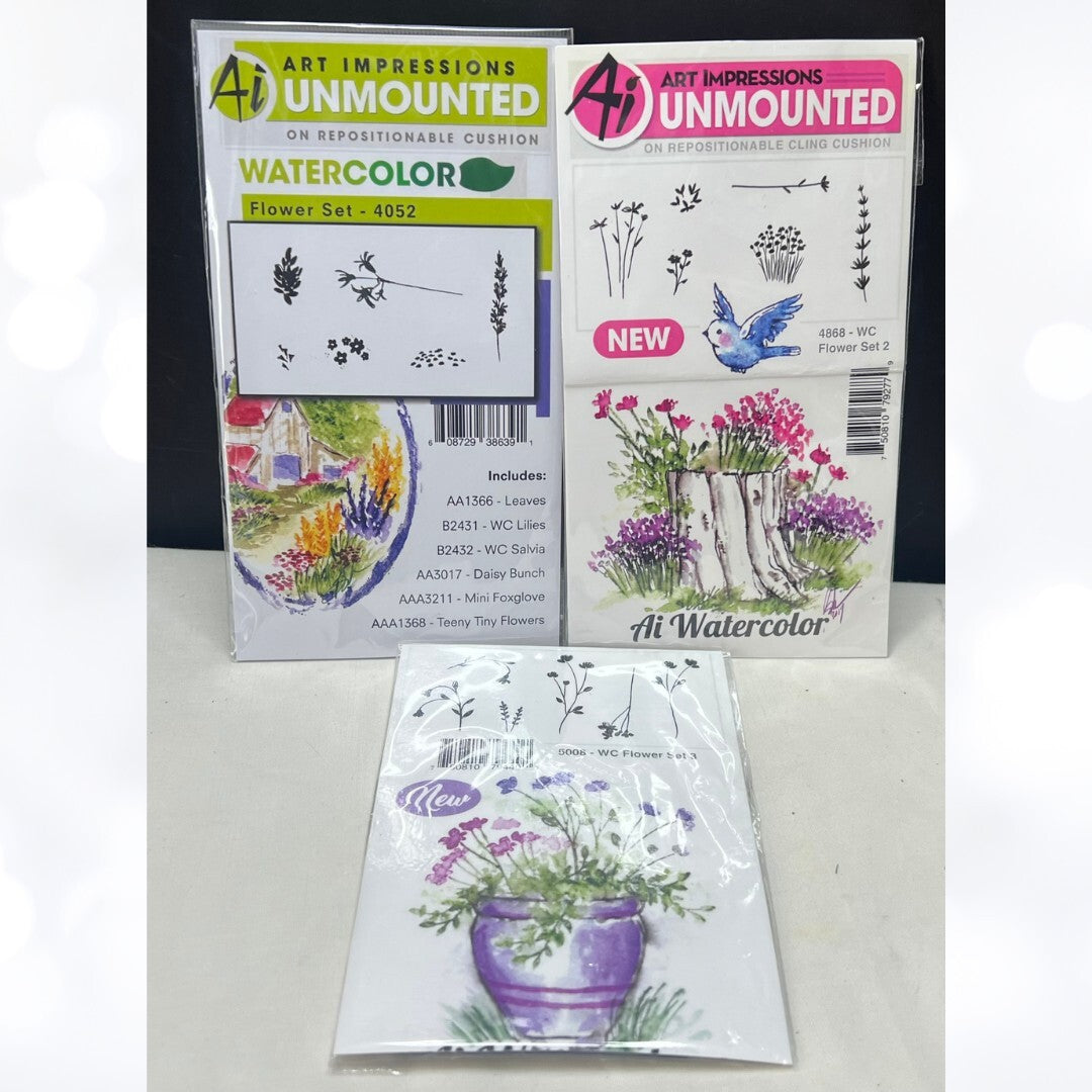 Art Impressions FLOWERS Watercolor Floral Sets 1, 2, & 3 Rubber Stamps Lot