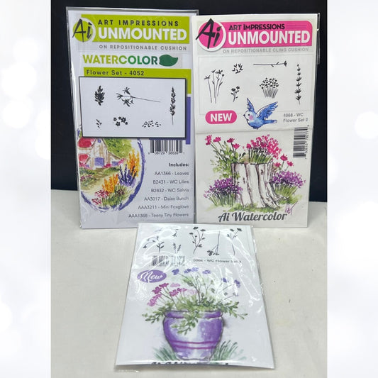 Art Impressions FLOWERS Watercolor Floral Sets 1, 2, & 3 Rubber Stamps Lot