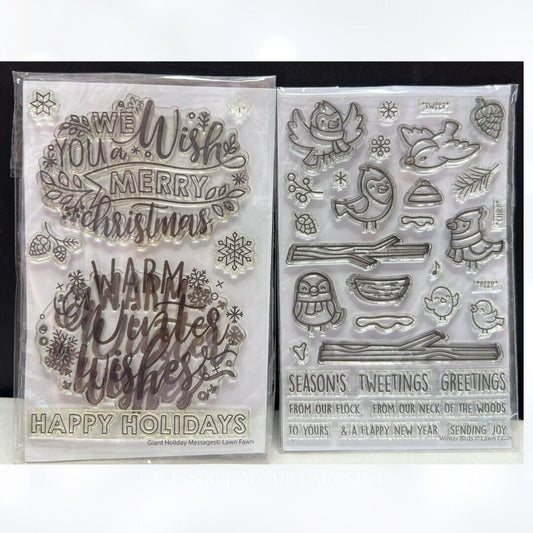 Lawn Fawn WINTER BIRDS Giant Holiday Messages Christmas Rubber Stamps Lot of 2