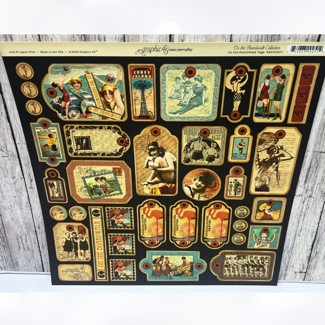 Graphic 45 ON THE BOARDWALK Vintage 12x12 Paper Cardstock 20 Sheets & Die Cuts