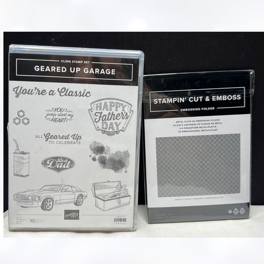 Stampin Up GEARED UP GARAGE Metal Plate Fathers Day Cars Rubber Stamps Set