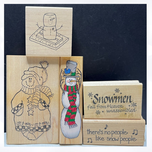 SNOWMAN Christmas Holiday Wood Rubber STamps Lot of 5
