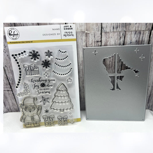 Pinkfresh Studio JOY & CHEER Christmas Tree Santa Rubber Stamps Die