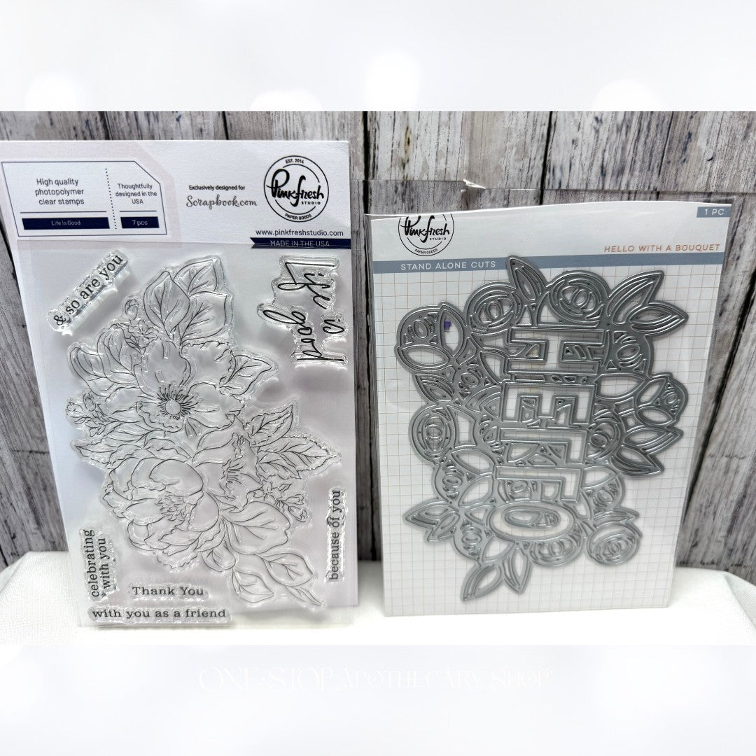 Pinkfresh Studio LIFE IS GOOD Hello With a Bouquet Flowers Rubber Stamps Dies