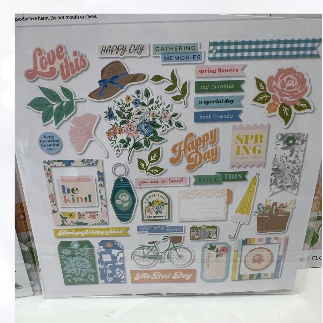 Pinkfresh Studio FLOWER MARKET 12X12 Paper Stickers Die Cuts Scrapbook Card Kit