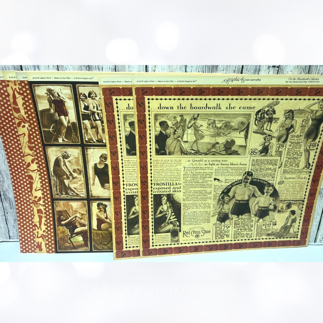 Graphic 45 ON THE BOARDWALK Vintage 12x12 Paper Cardstock 20 Sheets & Die Cuts