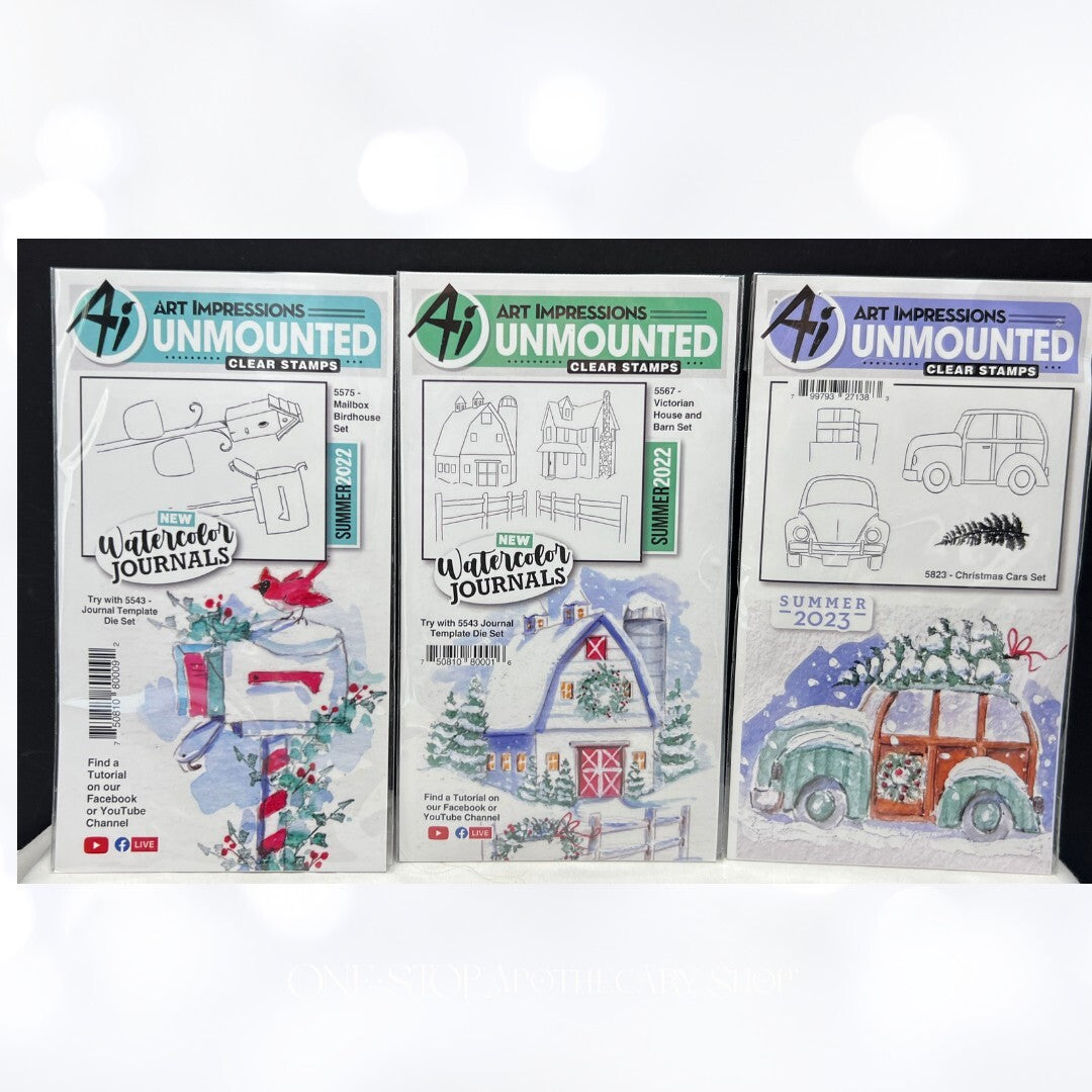 Art Impressions CHRISTMAS Watercolor Journals Car Birdhouse Rubber Stamps Lot