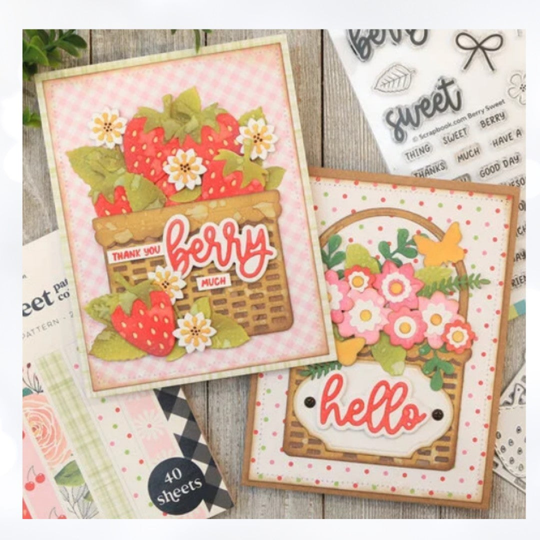 Scrapbook.com BERRY SWEET Strawberry Fruit Basket Rubber Stamps Dies
