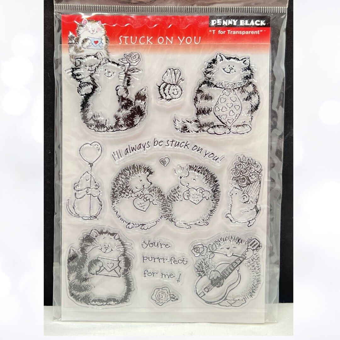 Penny Black STUCK ON YOU Valentines Day Cat Hedgehog Animals Rubber Stamps