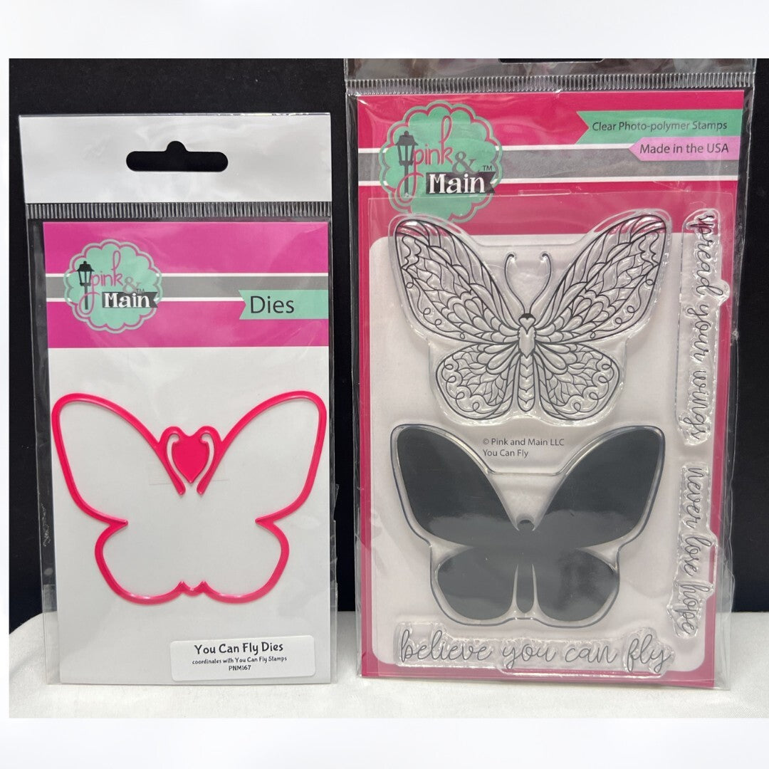 Pink & Main YOU CAN FLY Butterfly Butterflies Rubber Stamps Die