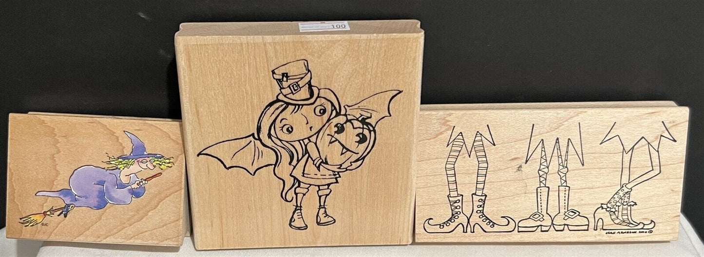 HALLOWEEN Witch Legs Shoes Broom Girl Wood Rubber Stamps Lot of 3