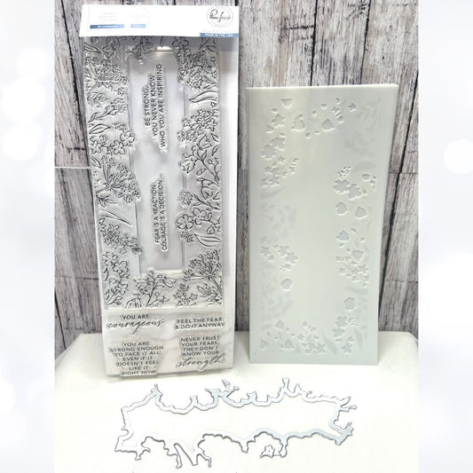 PInkfresh Studio BE COURAGEOUS Strength Flowers 4x12 Rubber Stamps Dies Stencils