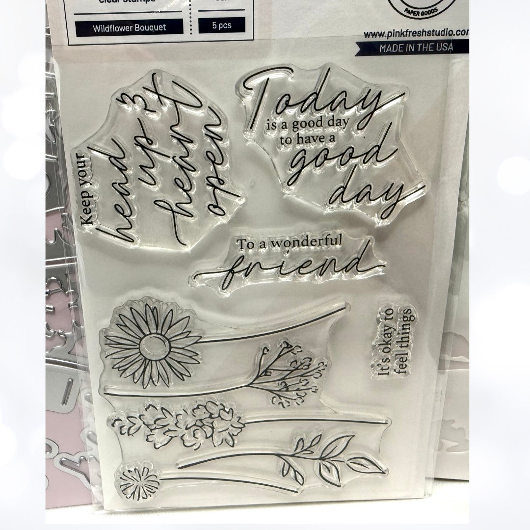 Pinkfresh Studio WILDFLOWER BOUQUET Flowers Rubber Stamps Dies Stencils
