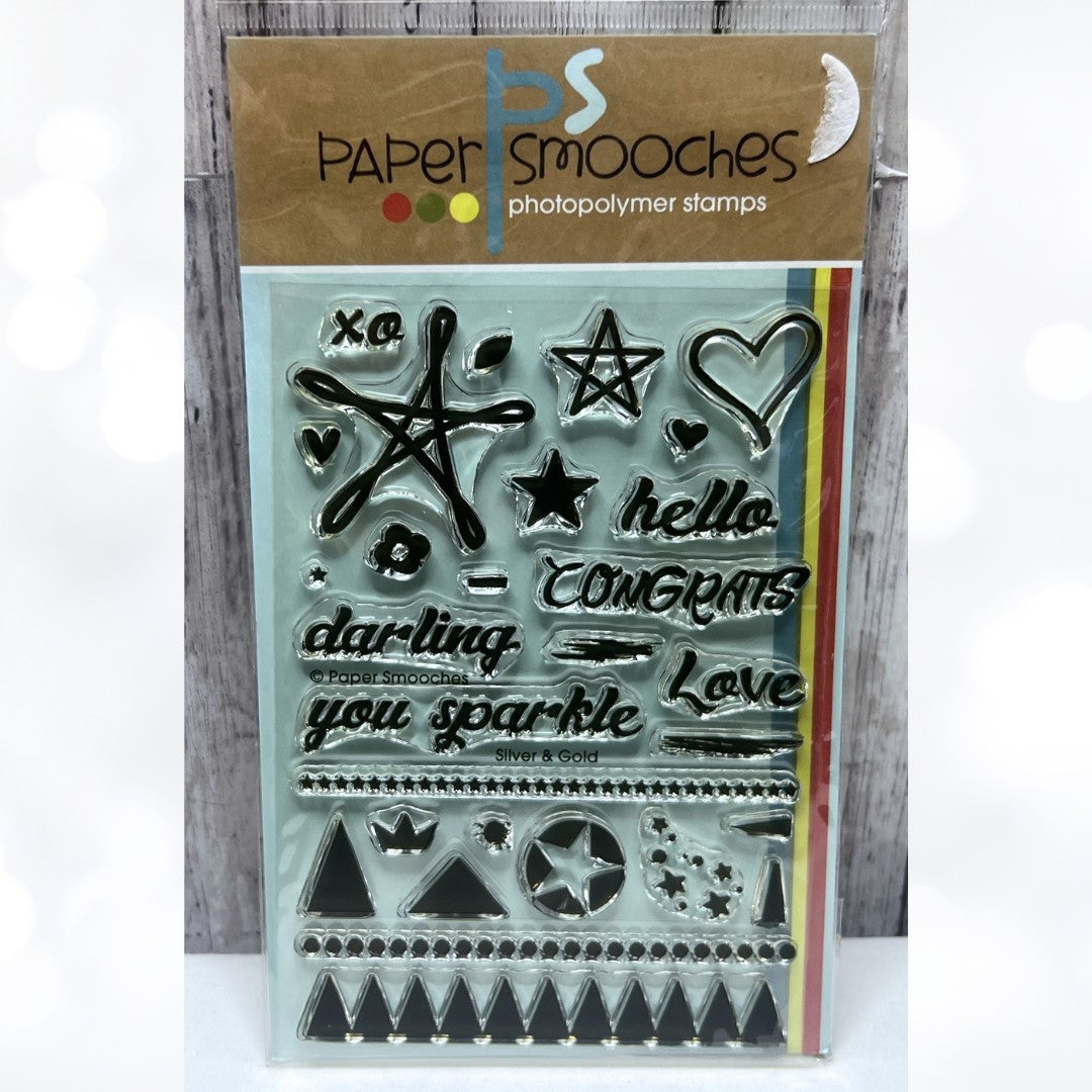 Paper Smooches SILVER & GOLD Stars Sentiments Rubber Stamps
