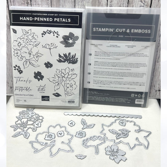 Stampin Up HAND PENNED PETALS Flowers Rubber Stamps Dies