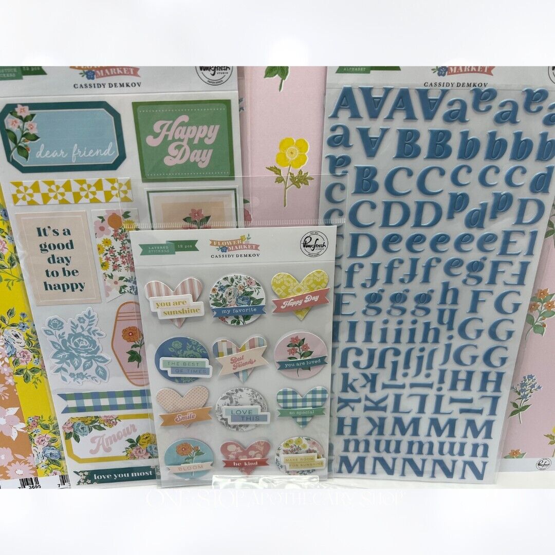 Pinkfresh Studio FLOWER MARKET 12X12 Paper Stickers Die Cuts Scrapbook Card Kit