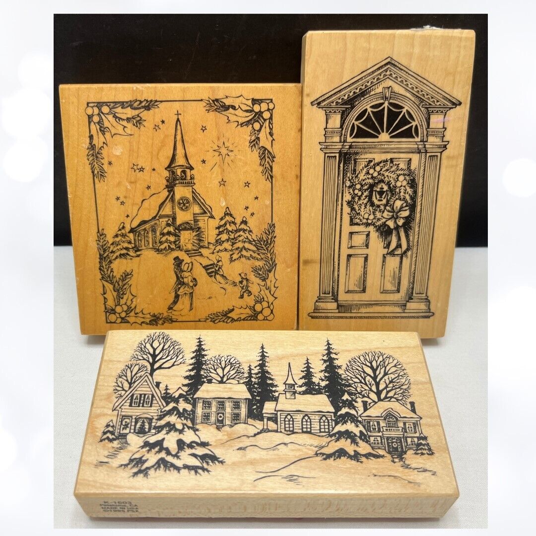PSX CHRISTMAS Door Church Village Holiday Rubber Stamps Lot of 3