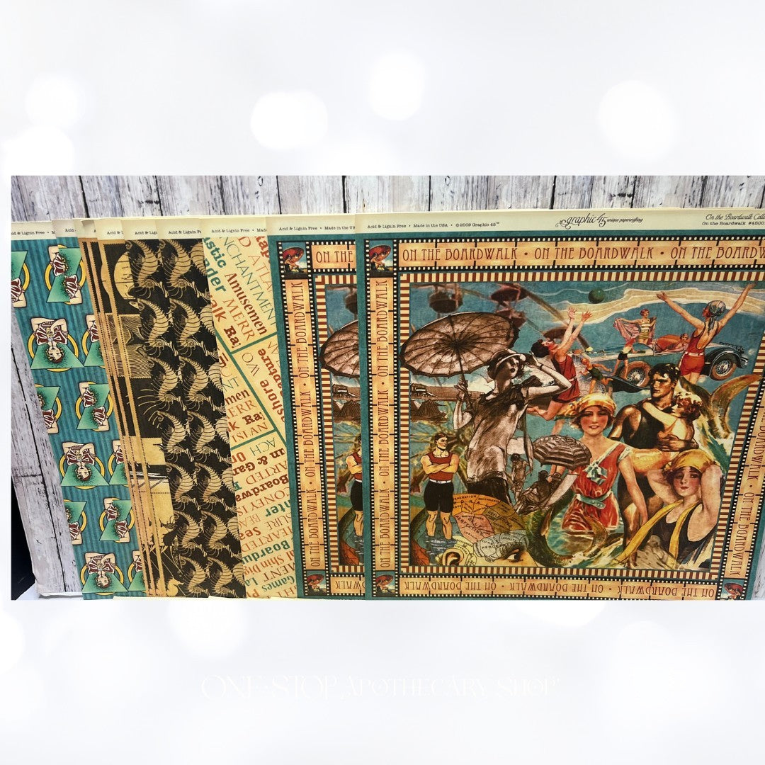 Graphic 45 ON THE BOARDWALK Vintage 12x12 Paper Cardstock 20 Sheets & Die Cuts