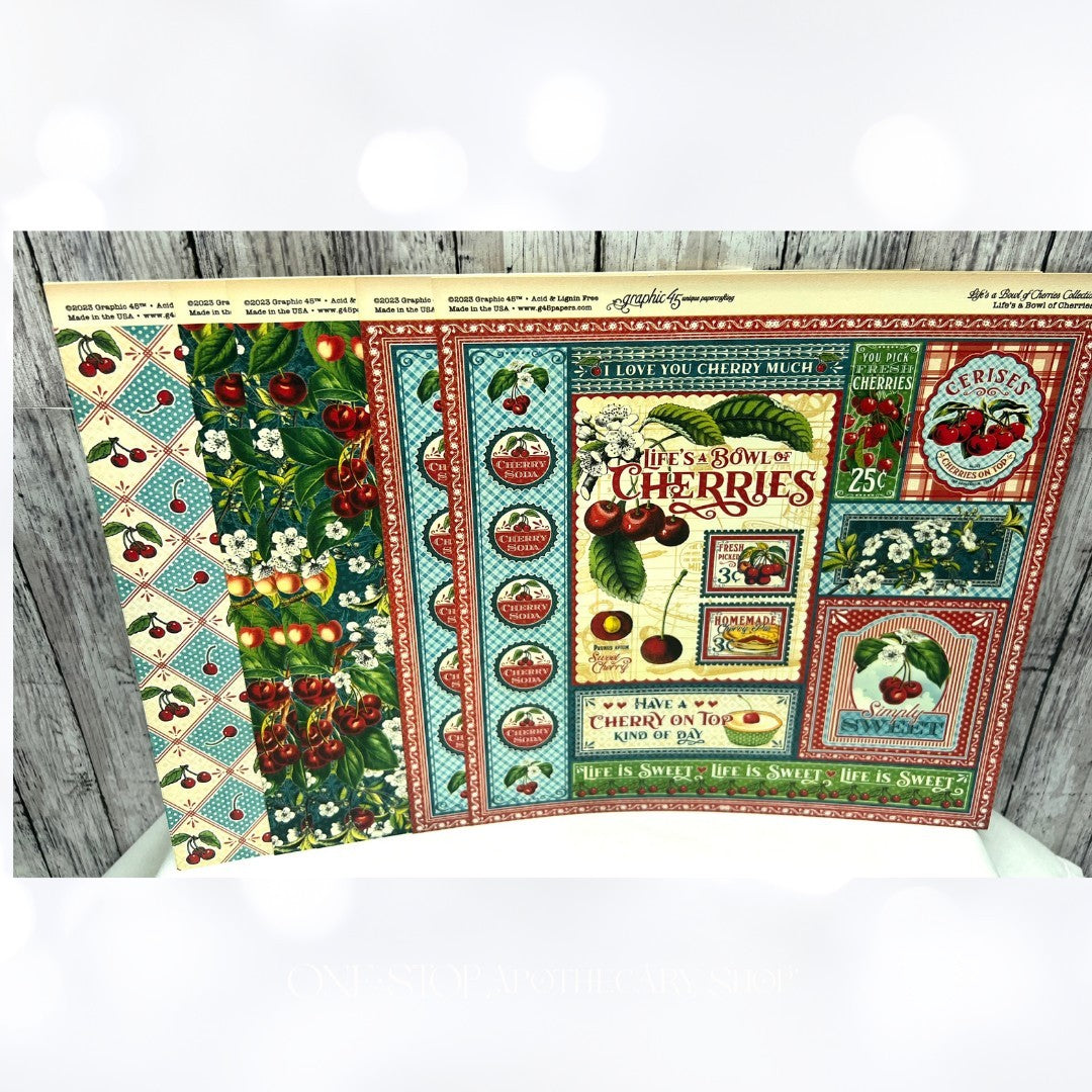Graphic 45 LIFE'S A BOWL OF CHERRIES Cherry 8x8 Cardstock Paper Pack 24 Sheets