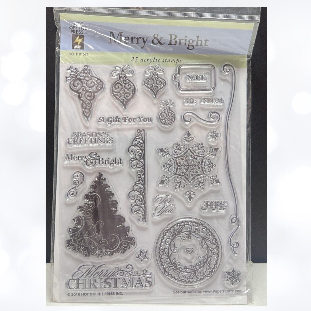 Hot Off the Press MERRY & BRIGHT Christmas Tree Snowflakes Rubber Stamps