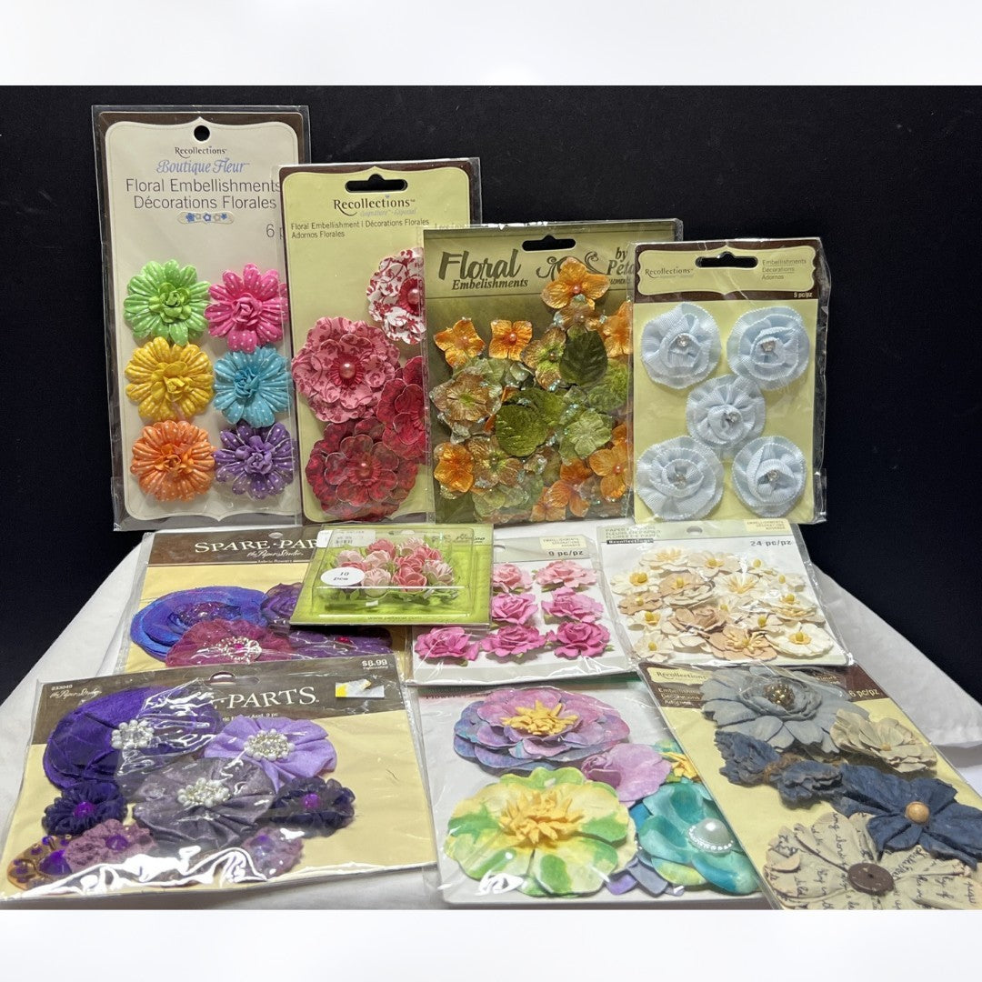 FLOWERS Fabric Paper Crafting Embellishments Lot of 11