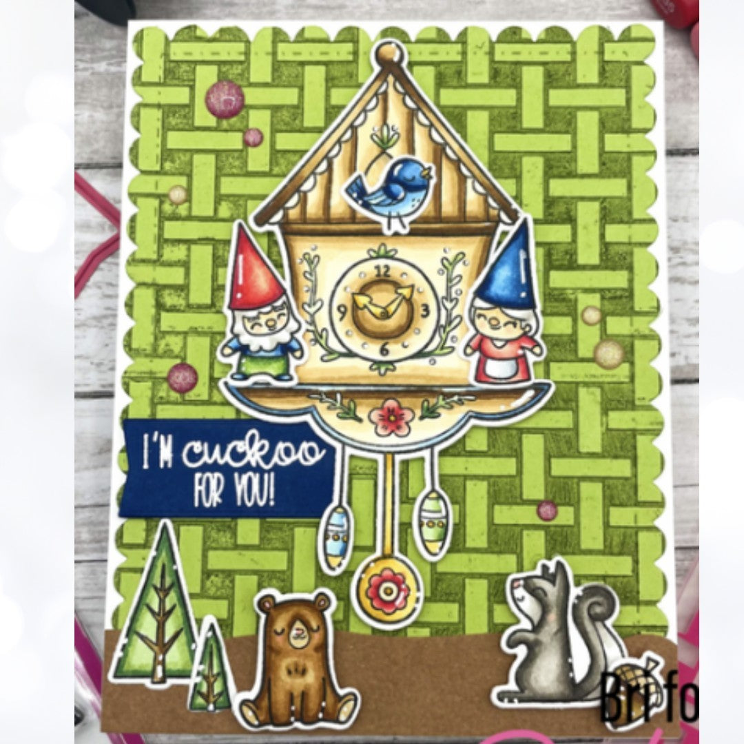 Pink & Main CUCKOO CLOCK Gnomes Rubber Stamps Dies