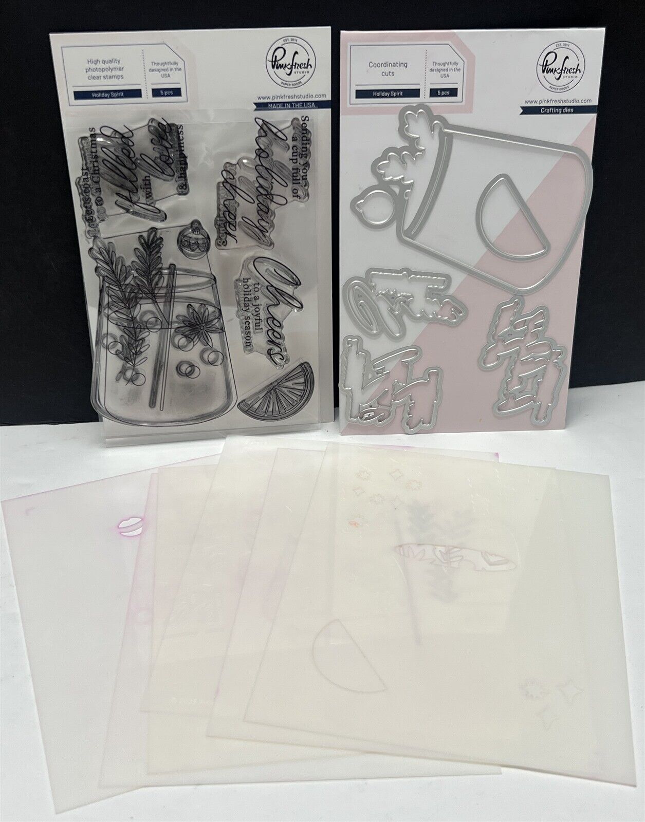 Pinkfresh Studio HOLIDAY SPIRIT New Years Christmas Drinks Rubber Stamps Dies
