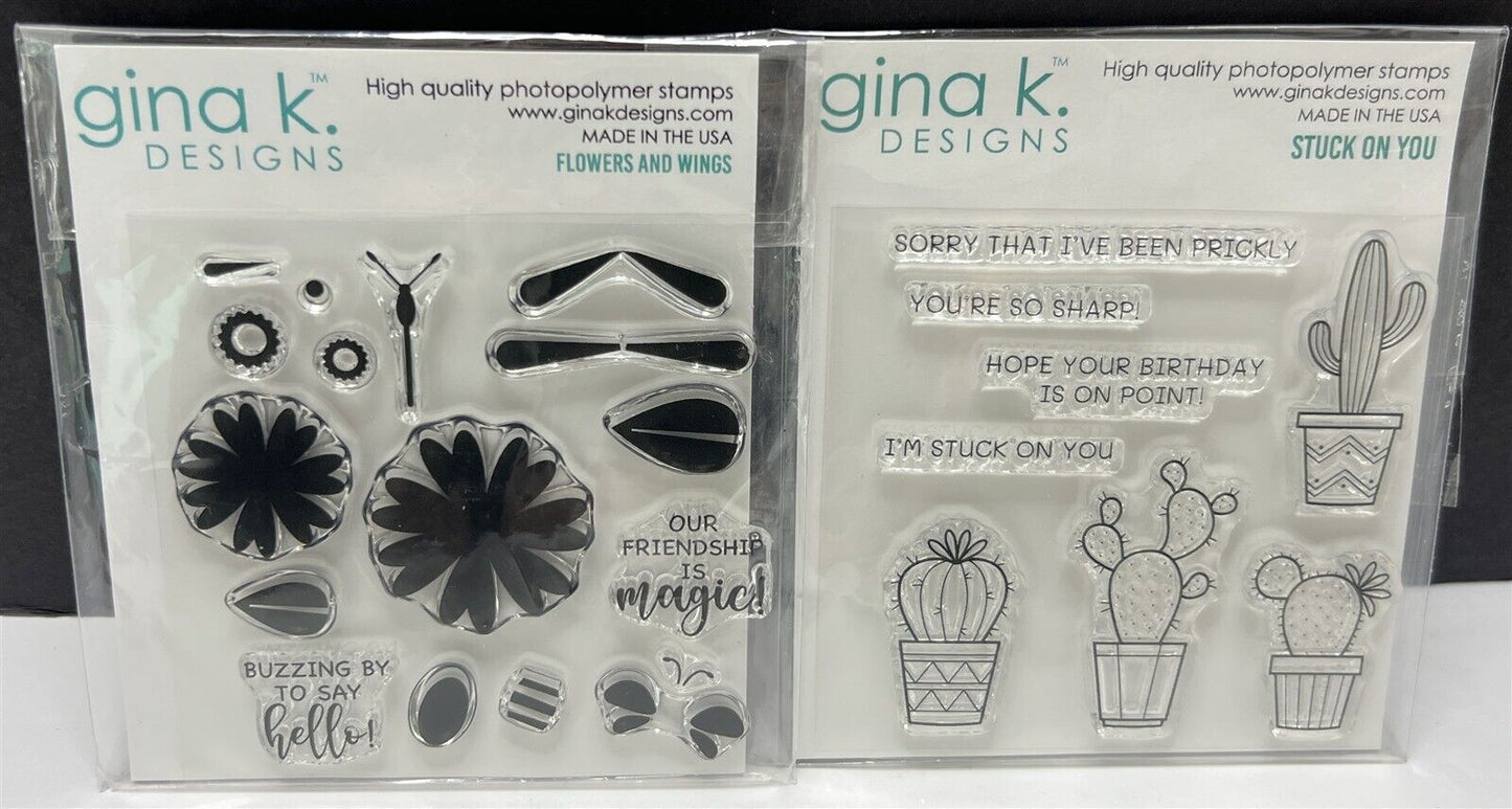 Gina K Designs STUCK ON YOU Cactus Butterfly Flowers Wings Rubber Stamps Lot