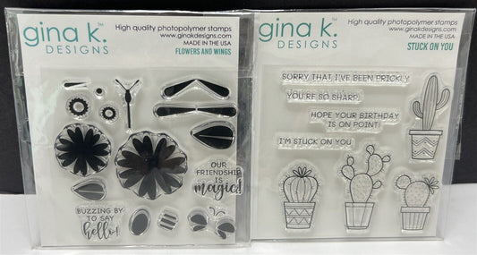 Gina K Designs STUCK ON YOU Cactus Butterfly Flowers Wings Rubber Stamps Lot