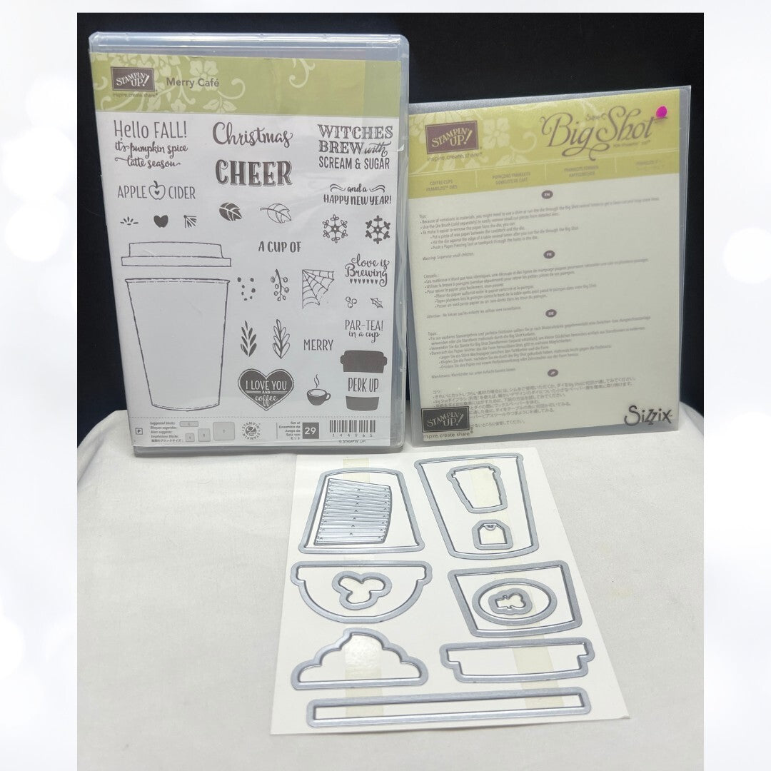 Stampin Up MERRY CAFE Coffe Cups Christmas Rubber Stamps Framelits Dies