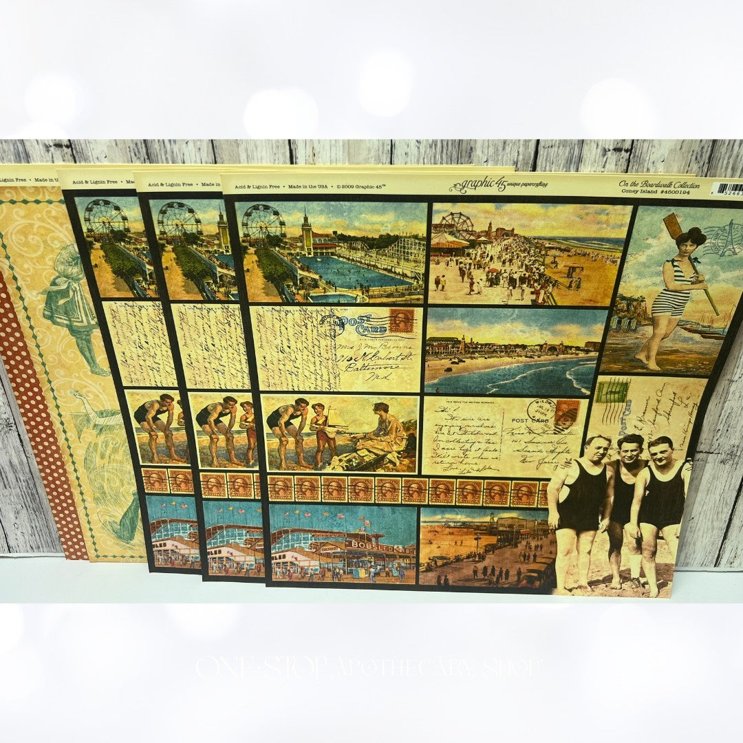 Graphic 45 ON THE BOARDWALK Vintage 12x12 Paper Cardstock 20 Sheets & Die Cuts