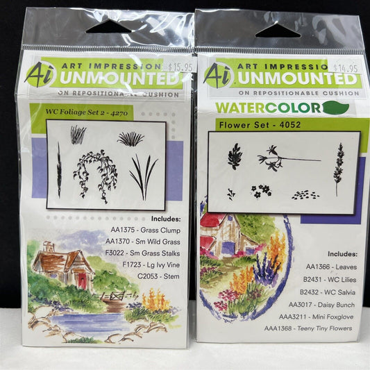 Art Impressions Watercolor FLOWER & FOLIAGE Sets 2 Rubber Stamps Lot