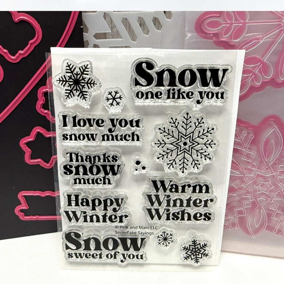 PInk & Main SNOWFLAKE SAYINGS KIT Rubber Stamps Dies Stencil Embossing Folder