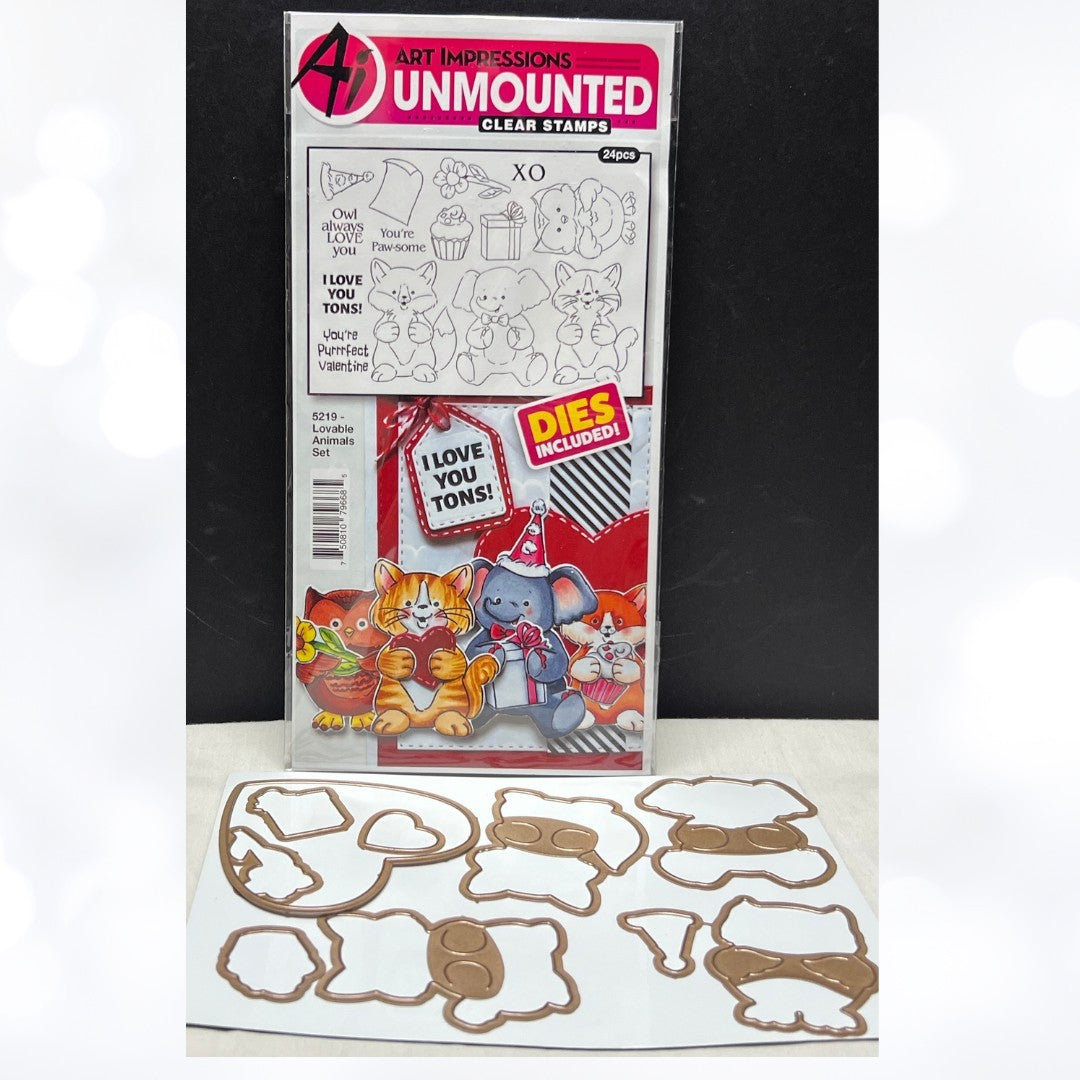 Art Impressions LOVABLE ANIMALS Valentines Rubber Stamps Dies