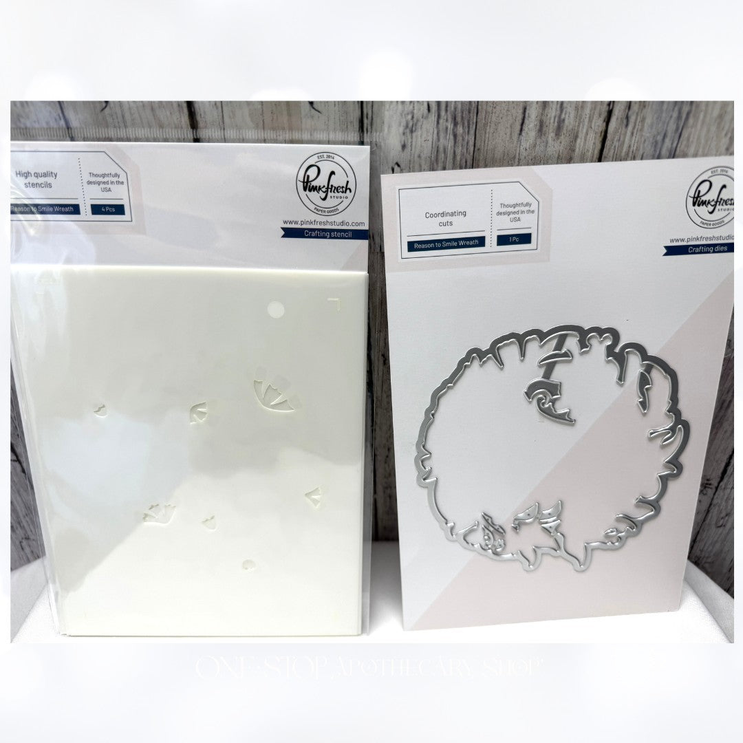 Pinkfresh Studio REASON TO SMILE WREATH 6x8 Rubber Stamps Dies Stencils