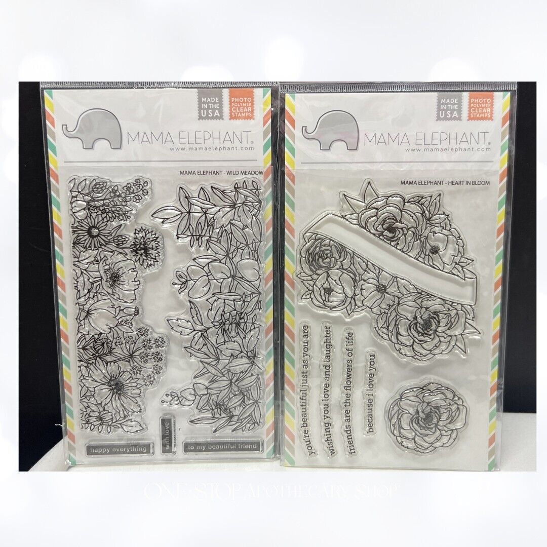 Mama Elephant HEART IN BLOOM Wild Meadow Flowers Rubber Stamps Lot of 2