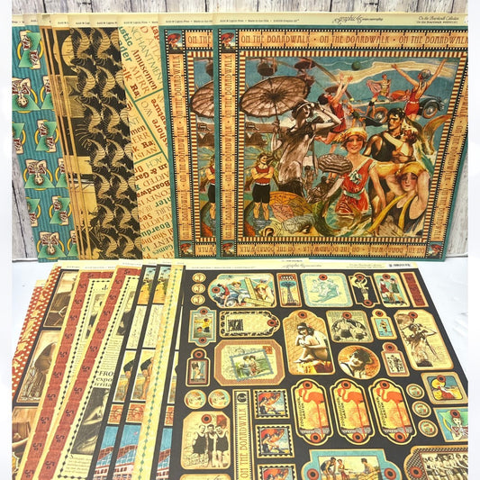 Graphic 45 ON THE BOARDWALK Vintage 12x12 Paper Cardstock 20 Sheets & Die Cuts