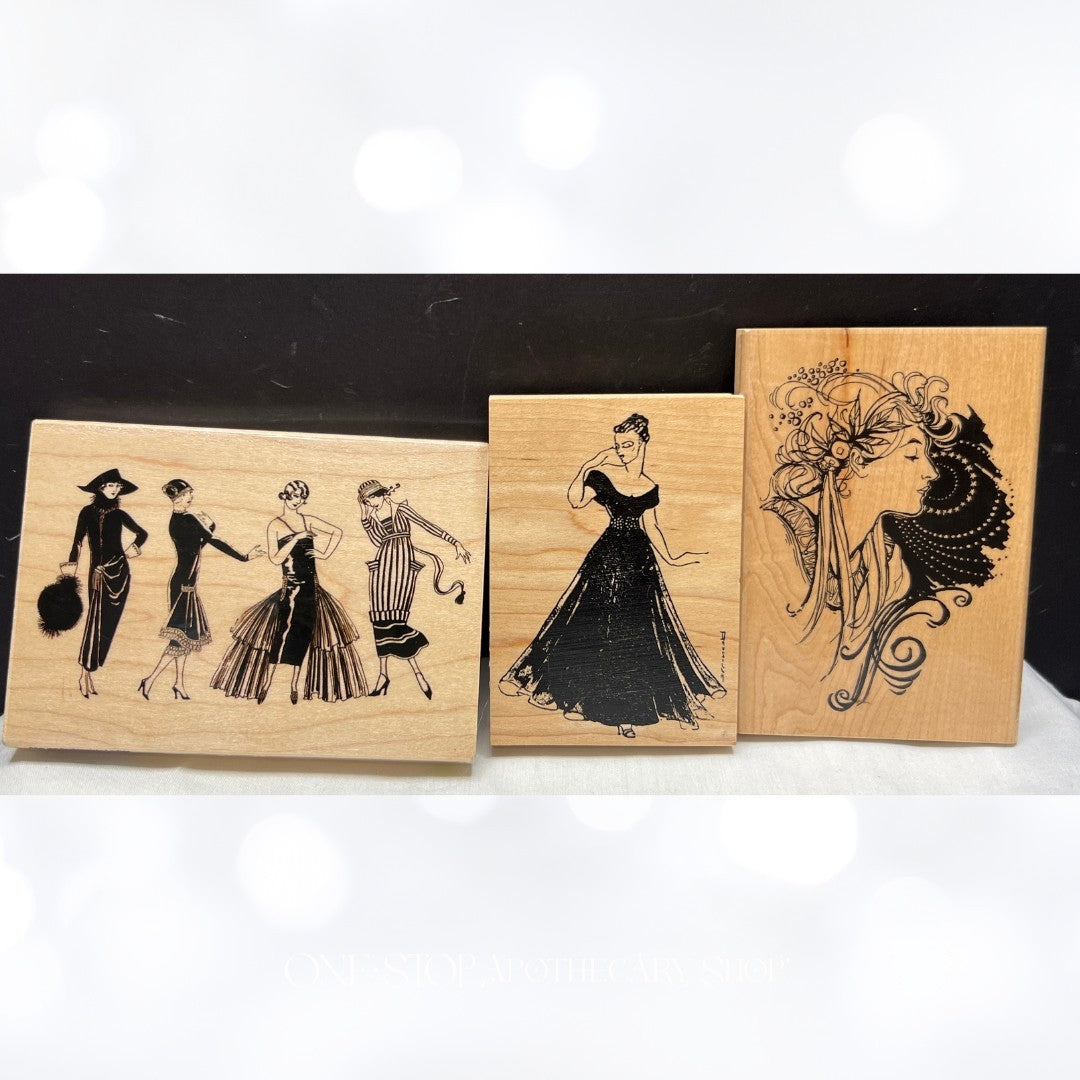 VINTAGE LADIES Fashion Lady Mixed Media Rubber Stamps Lot of 3