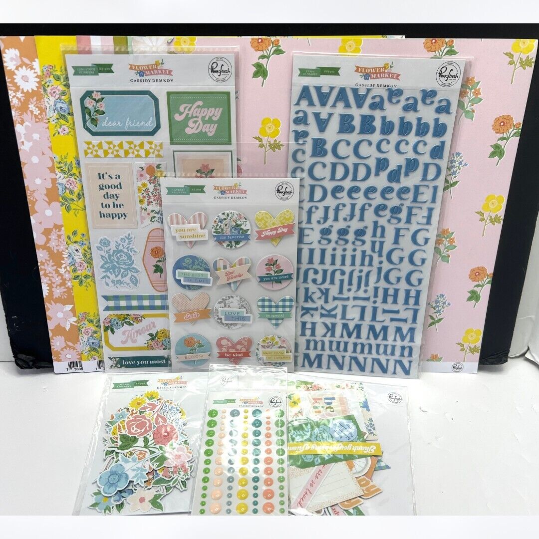 Pinkfresh Studio FLOWER MARKET 12X12 Paper Stickers Die Cuts Scrapbook Card Kit