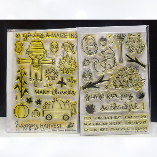 Lawn Fawn HAPPY HARVEST Jump For Joy Fall Autumn Rubber Stamps Lot