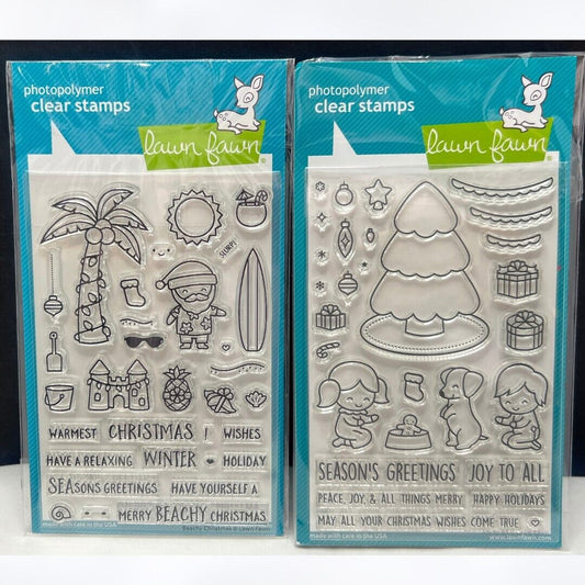 Lawn Fawn BEACHY CHRISTMAS Joy To All Dog Santa Rubber Stamps Set of 2