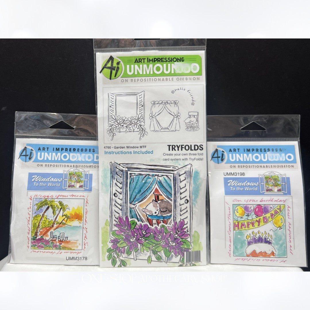 Art Impressions Tryfolds GARDEN WINDOW Windows to the World Rubber Stamps Lot
