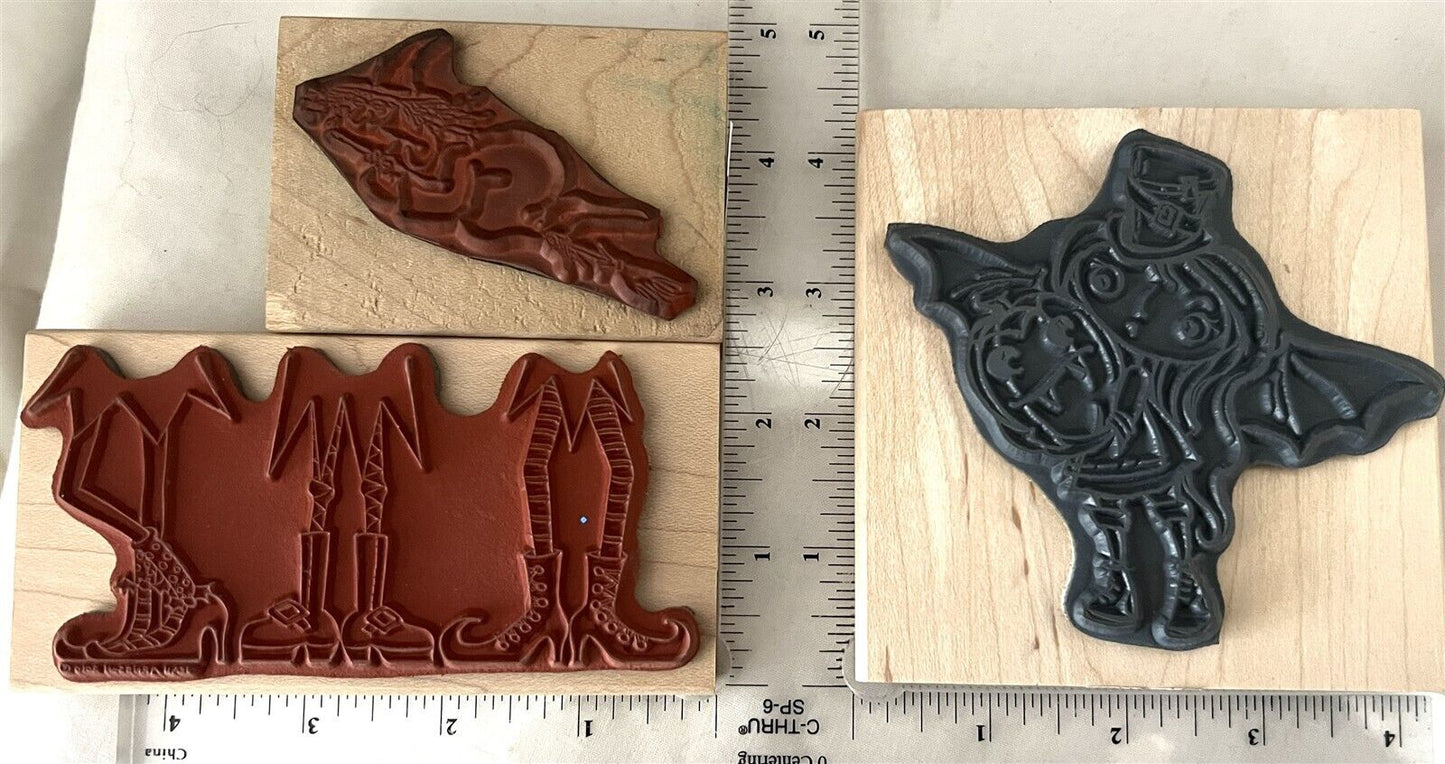 HALLOWEEN Witch Legs Shoes Broom Girl Wood Rubber Stamps Lot of 3