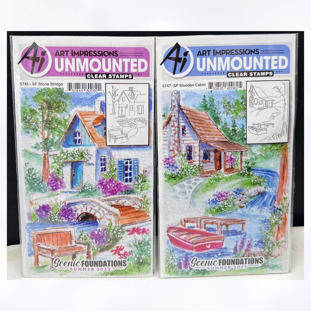 Art Impressions STONE BRIDGE Cabin Scenic Foundations Rubber Stamps