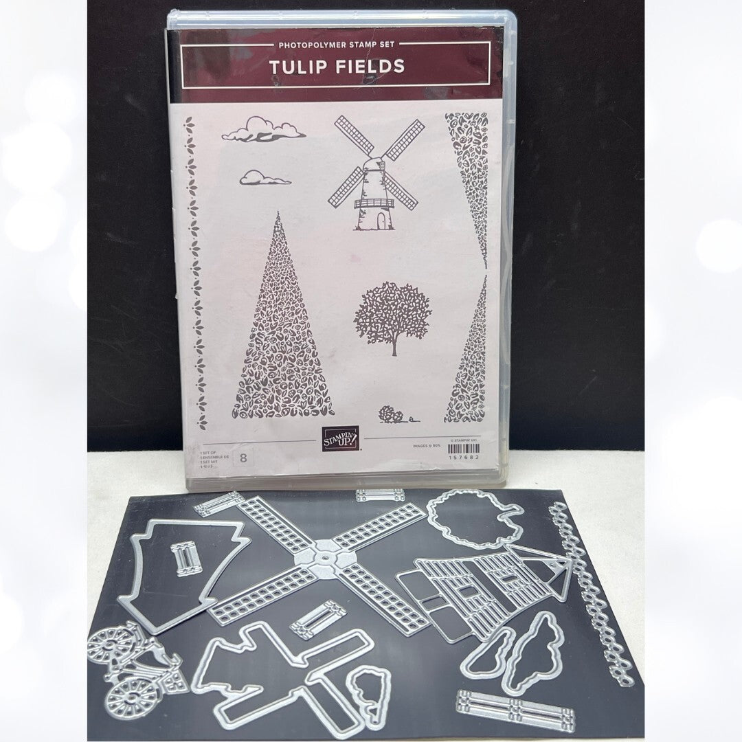 Stampin Up TULIP FIELDS Windmill Spring Flowers Rubber Stamps Dies